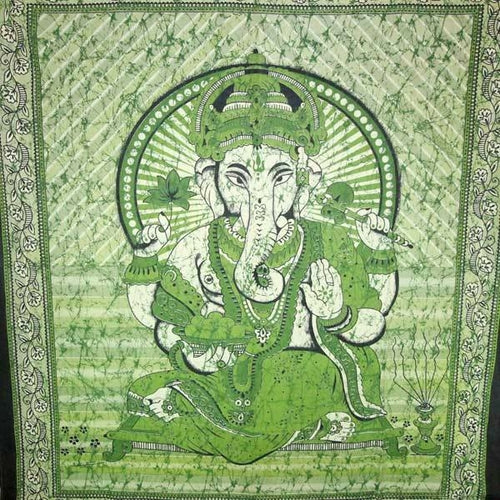 Green Ganesha Tie Dye Batik Tapestry Lotus Wall Hanging