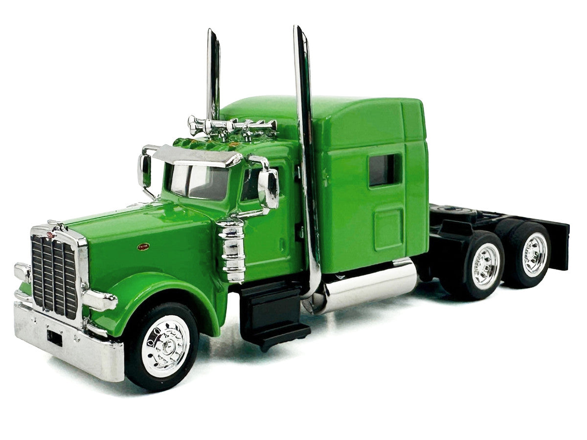 Peterbilt 389 Truck Tractor with Sleeper Cab Lime Green and Low Boy Flatbed Trailer Black Combo Set 1/87 (HO) Plastic Model Car by HO Logistics