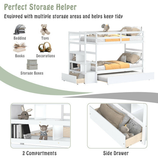 Twin Over Twin Bunk Bed with Storage Shelf and Drawer-Dark Brown