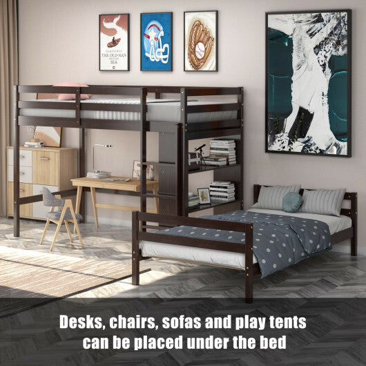 Twin Over Twin Loft Bunk Bed with Bookcase-Dark Brown