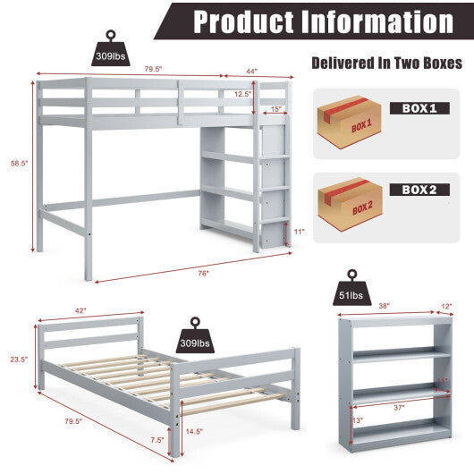 Twin Over Twin Loft Bunk Bed with Bookcase-Dark Brown