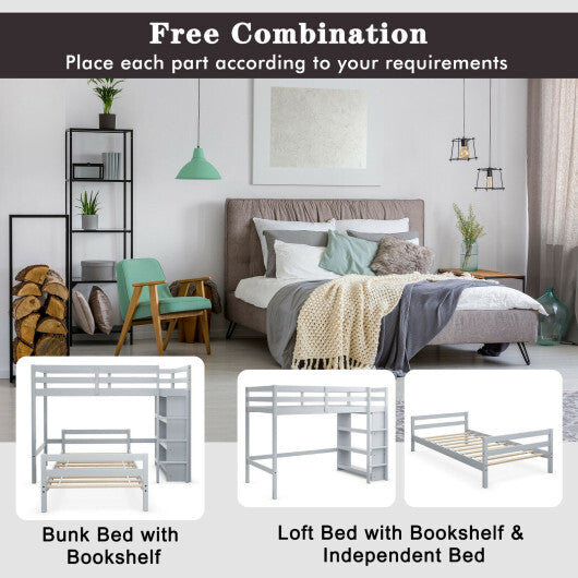 Twin Over Twin Loft Bunk Bed with Bookcase-Dark Brown