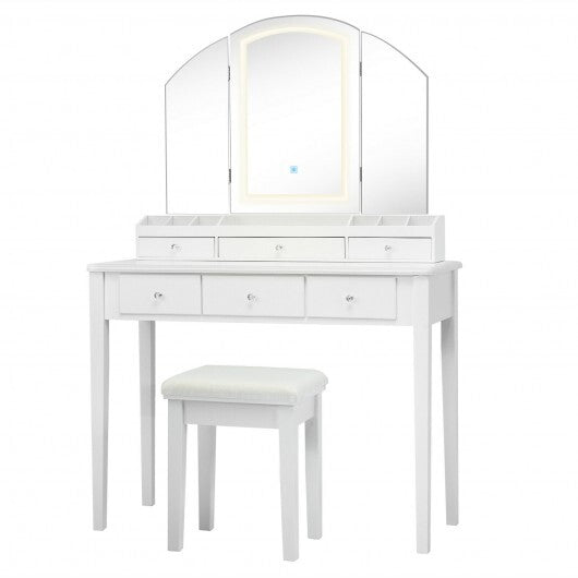 Vanity Table Stool Set with Large Tri-folding Lighted Mirror-Black