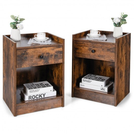 Set of 2 Nightstand with Drawer Cabinet End Side Table Raised Top-White