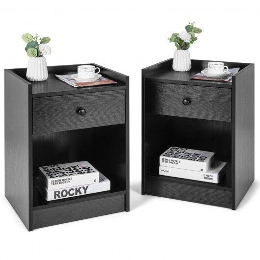 Set of 2 Nightstand with Drawer Cabinet End Side Table Raised Top-White