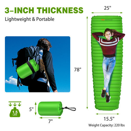 3 Inch Thick Inflatable Waterproof Camping Sleeping Pad-Blue