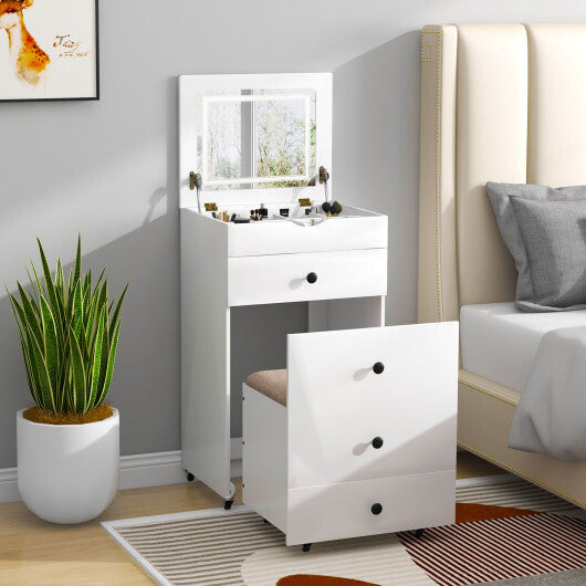 3-in-1 Vanity Set with Cushioned Stool and Flip-up Mirror-White