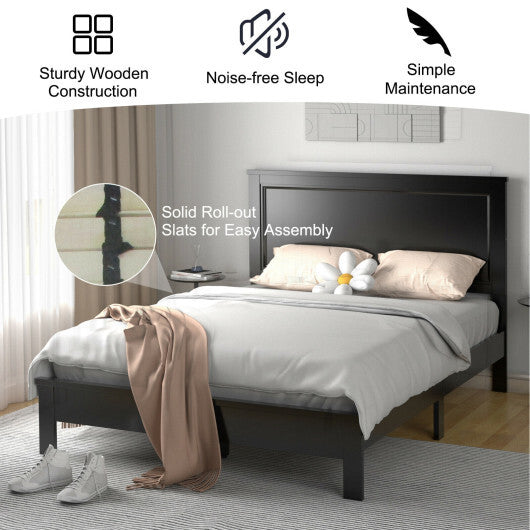 Queen Size Bed Frame Platform Slat High Headboard Bedroom with Rubber Wood Leg-White