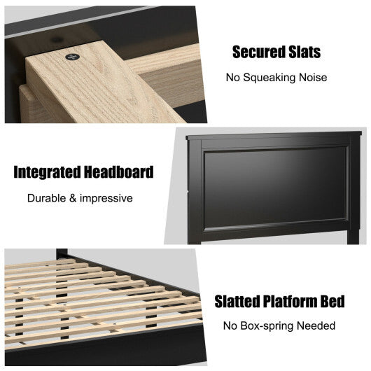 Queen Size Bed Frame Platform Slat High Headboard Bedroom with Rubber Wood Leg-White