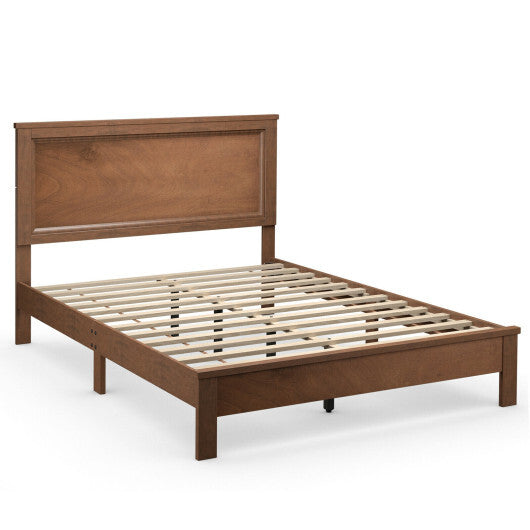 Queen Size Bed Frame Platform Slat High Headboard Bedroom with Rubber Wood Leg-White