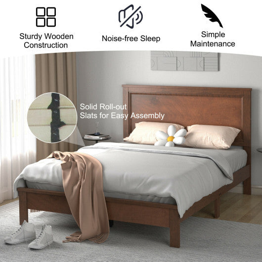 Queen Size Bed Frame Platform Slat High Headboard Bedroom with Rubber Wood Leg-White