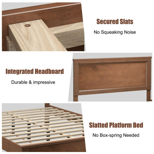 Queen Size Bed Frame Platform Slat High Headboard Bedroom with Rubber Wood Leg-White