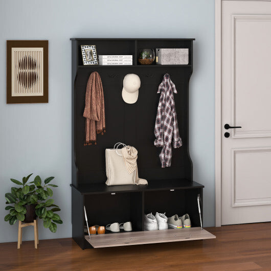 3 in 1 Coat Rack with Entryway Bench and Hooks and Enclosed Cabinet-White