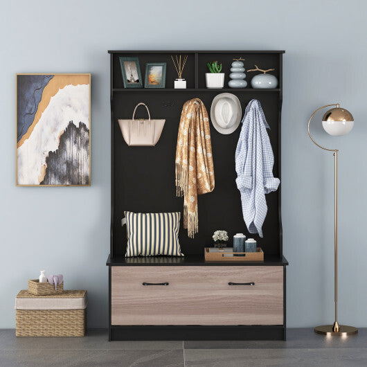 3 in 1 Coat Rack with Entryway Bench and Hooks and Enclosed Cabinet-White