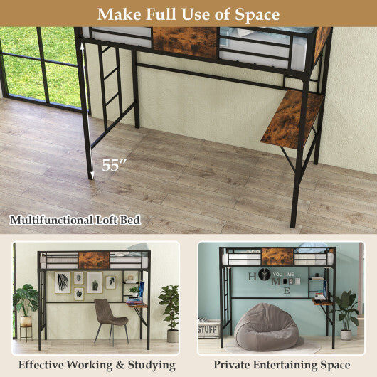 Twin Size Industrial Metal Loft Bed with Desk Storage Shelf and Build-in Ladder-Twin Size