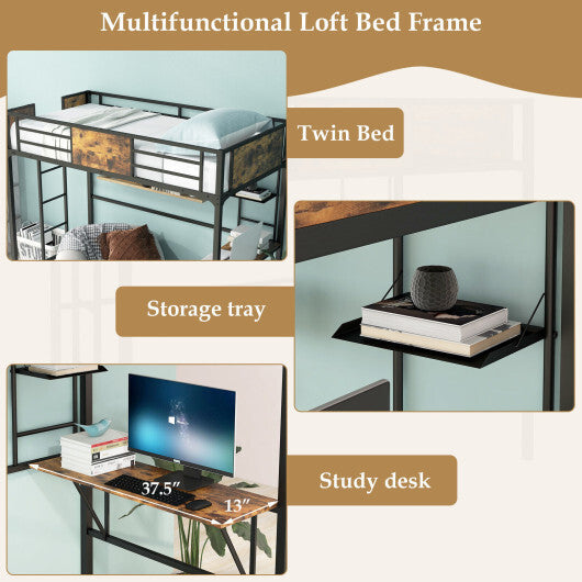 Twin Size Industrial Metal Loft Bed with Desk Storage Shelf and Build-in Ladder-Twin Size
