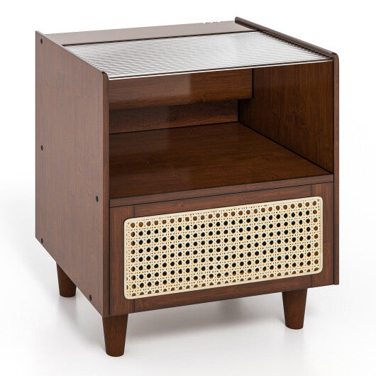 Bamboo Rattan Nightstand with Drawer and Solid Wood Legs-Natural
