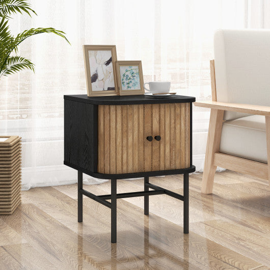 Mid-century Modern Nightstand with Sliding Doors and Storage Cabinet-White