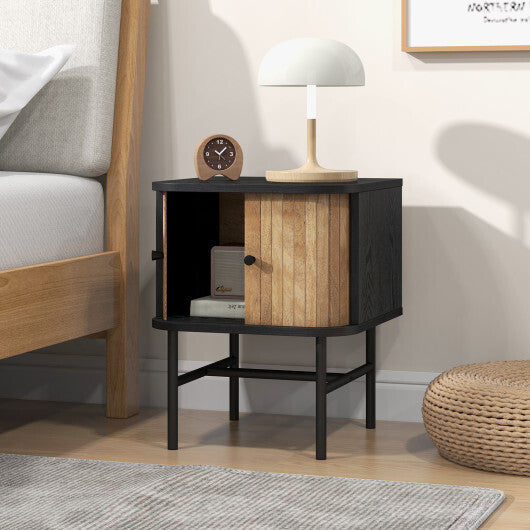 Mid-century Modern Nightstand with Sliding Doors and Storage Cabinet-White