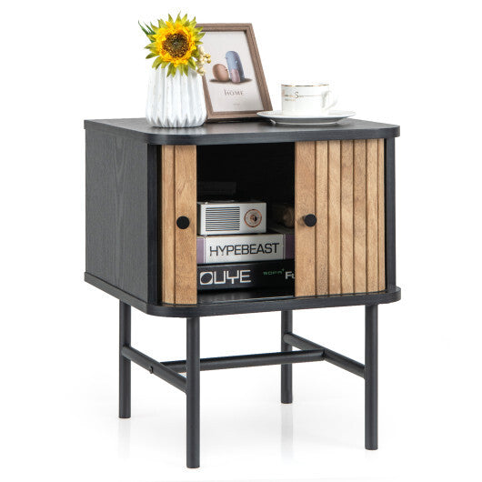 Mid-century Modern Nightstand with Sliding Doors and Storage Cabinet-White