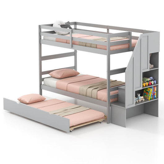 Home Wood Bunk Bed with Guard Rail and 4-step Storage Stairs No Box Spring Needed-Brown