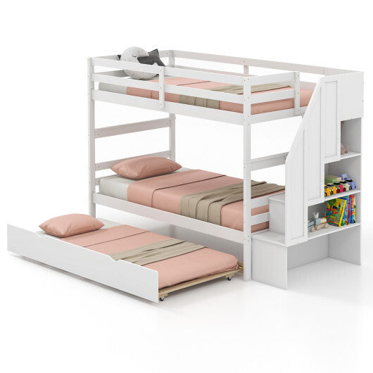 Home Wood Bunk Bed with Guard Rail and 4-step Storage Stairs No Box Spring Needed-Brown