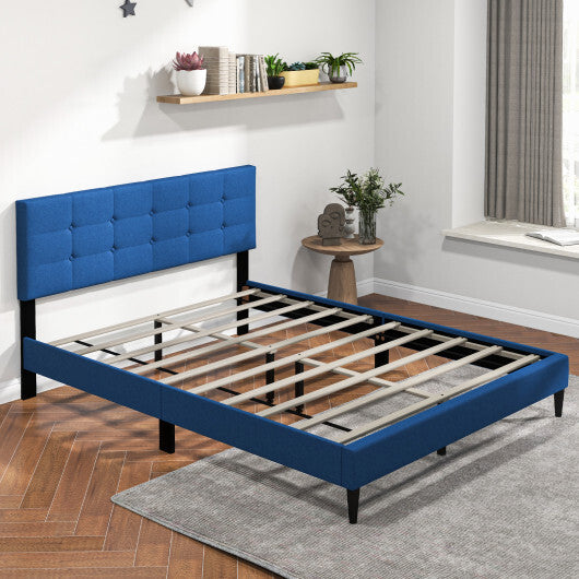 Queen Size Upholstered Platform Bed with Button Tufted Headboard-Gray