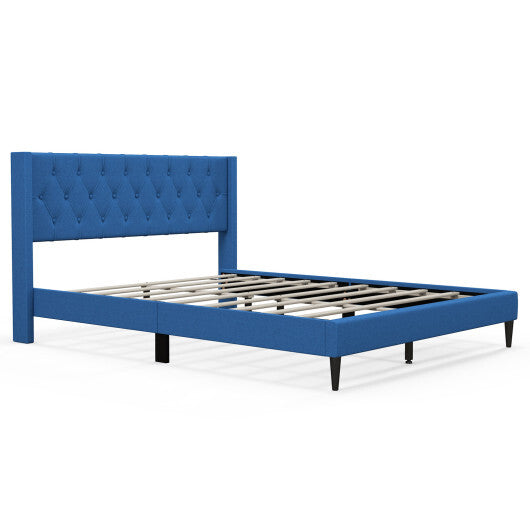Queen Size Upholstered Platform Bed with Button Tufted Wingback Headboard-Gray