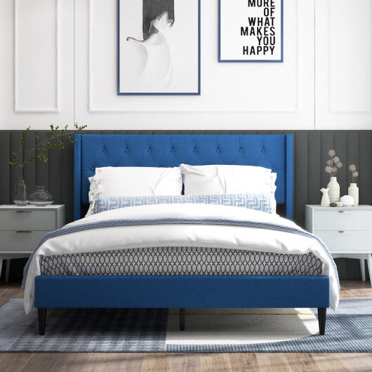 Queen Size Upholstered Platform Bed with Button Tufted Wingback Headboard-Gray