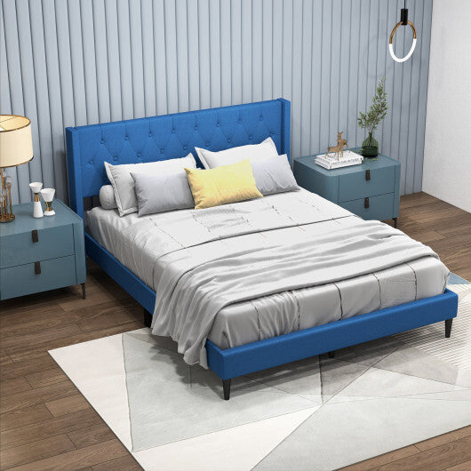 Queen Size Upholstered Platform Bed with Button Tufted Wingback Headboard-Gray