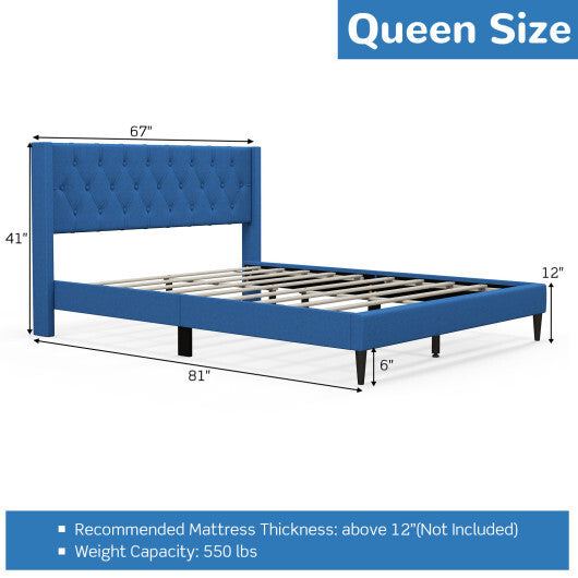 Queen Size Upholstered Platform Bed with Button Tufted Wingback Headboard-Gray