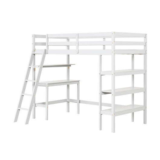 Twin Size Loft Bed with Desk and Bookshelves for Kids and Teens-Gray