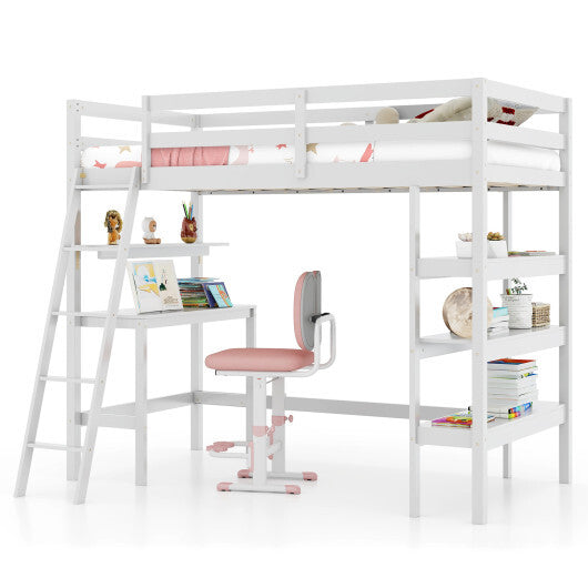 Twin Size Loft Bed with Desk and Bookshelves for Kids and Teens-Gray