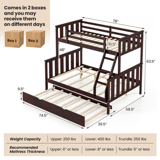 3-in-1 Twin Over Full Bunk Bed with Trundle and Ladder-White