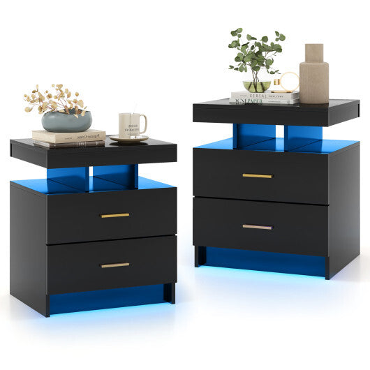 LED Nightstand with 2 Storage Drawers for Bedroom-Black