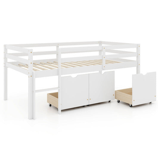 Twin Size Low Loft Bed with 3 Drawers with Ladder and Full-length Guardrails-Gray
