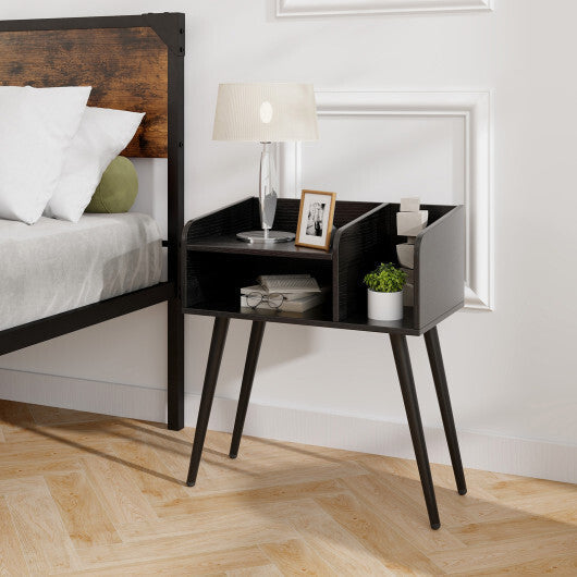 Mid Century Modern Nightstand  with Open Shelves-Brown