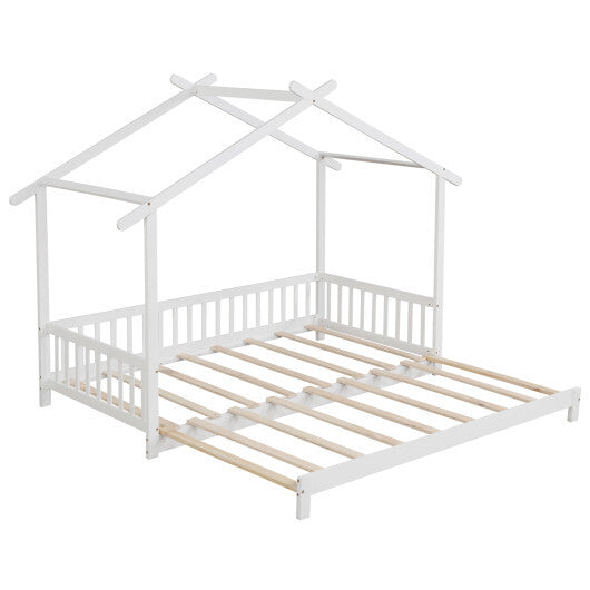 Extendable House Bed Twin to King Daybed with Roof and Fence Rails-Gray