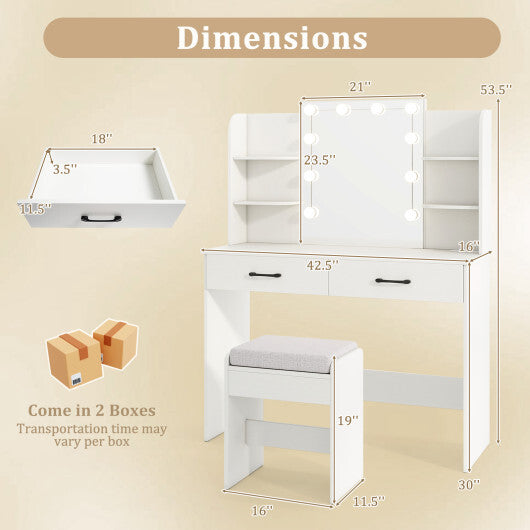 Vanity Set with Lighted Mirror and Stool with Power Outlet-Black