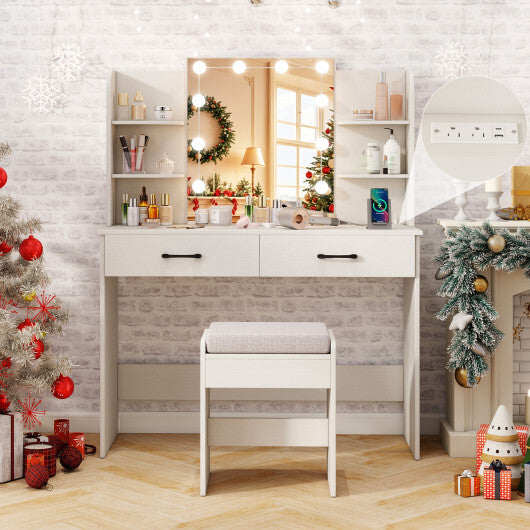 Vanity Set with Lighted Mirror and Stool with Power Outlet-Black
