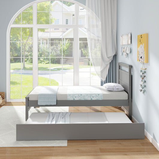 Twin Size Wooden Bed Frame with Trundle for Teens and Adults-White