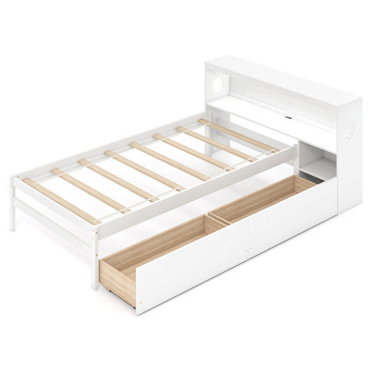 Twin Size Bed Frame with LED Light and Bookcase Headboard-Gray