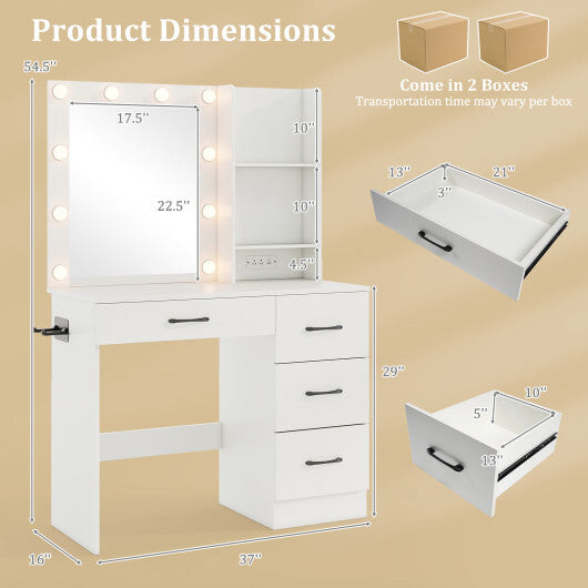 Vanity Desk with 3-Color Lights and Power Outlets-Black