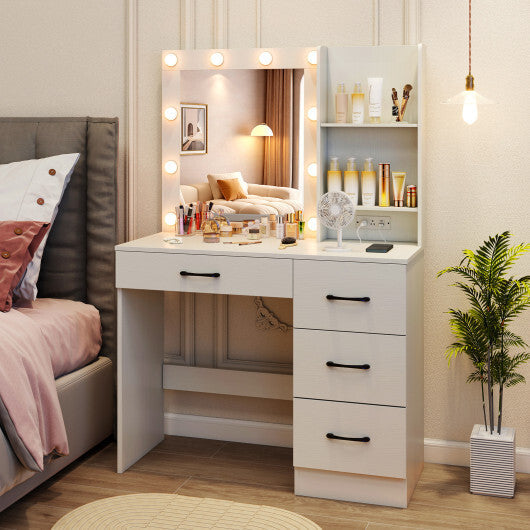 Vanity Desk with 3-Color Lights and Power Outlets-Black
