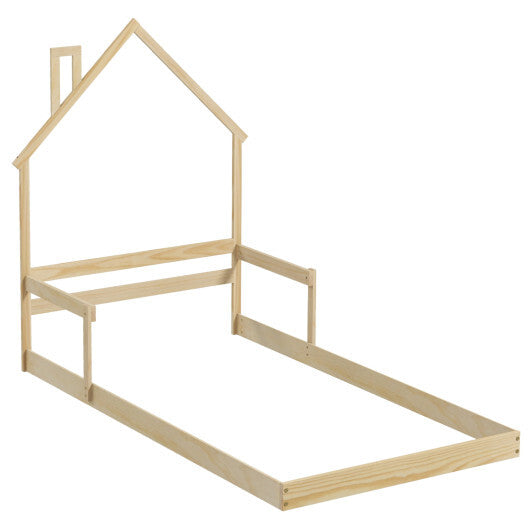 Twin Size Floor Bed with Chimney and Headboard and Handrail-White