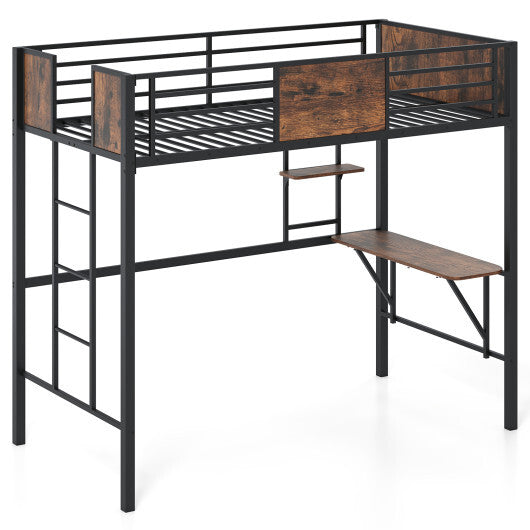 Space-Saving Twin Loft Bed with Safety Guardrail and Ladder-Coffee