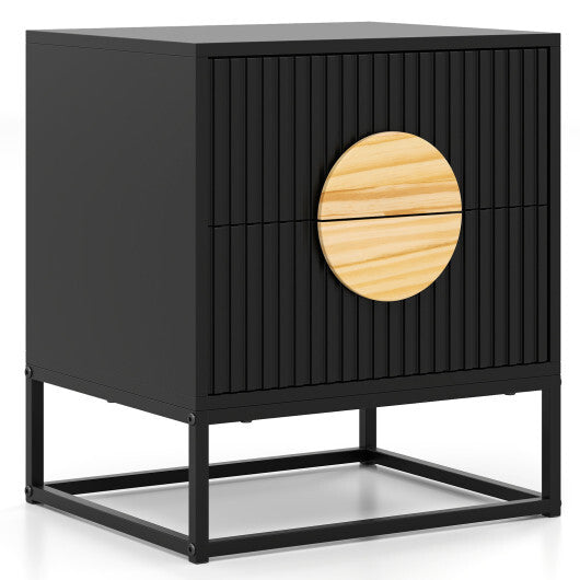 Modern Mid Century Fluted Nightstand with 2 Drawers and Pine Wood Handles for Bedroom-White