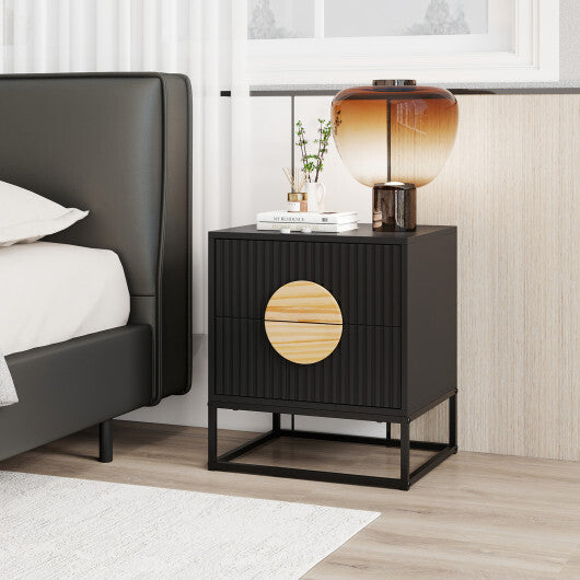 Modern Mid Century Fluted Nightstand with 2 Drawers and Pine Wood Handles for Bedroom-White