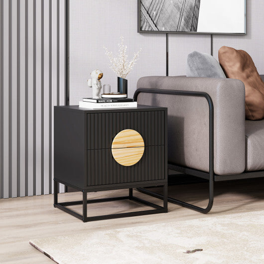 Modern Mid Century Fluted Nightstand with 2 Drawers and Pine Wood Handles for Bedroom-White