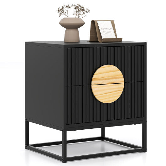 Modern Mid Century Fluted Nightstand with 2 Drawers and Pine Wood Handles for Bedroom-White